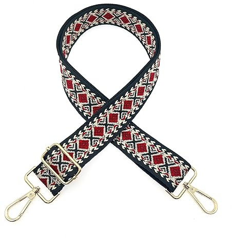 JZK Estilo bohemio Negro-Rojo Tela Correa de hombro ajustable para bolsos Correa de hombro para bolsos de hombro Correa de hombro ancha para bolsos de hombro Correa de bolsillo para cambiar con clips