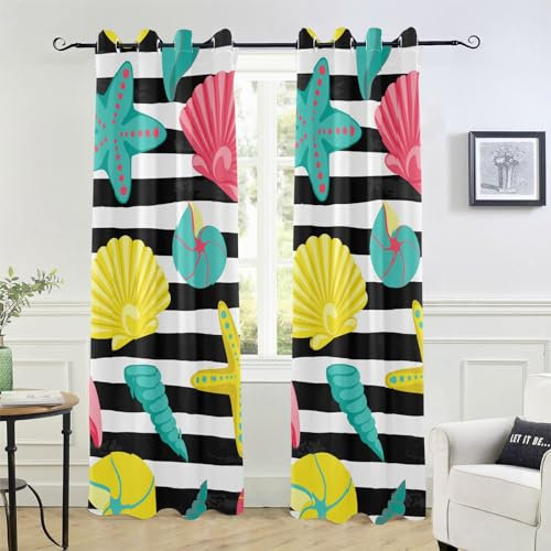 Verdunkelungsvorhänge mit Muscheln auf schwarzen Streifen, 213,4 cm, Türvorhänge für Fensterbehandlungen, Verdunkelungsrollos, Türvorhänge für Schlafzimmer, Dekoration, Cortinas para Sala Verdunkelung