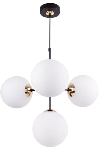 Light-Home Imperia Hängelampe - Deckenlampe für Wohnzimmer Schlafzimmer und Esszimmer- Pendelleuchte aus Metall und Glas - E14-4-Flammig - Schwarz Gold Basis und Weiß
