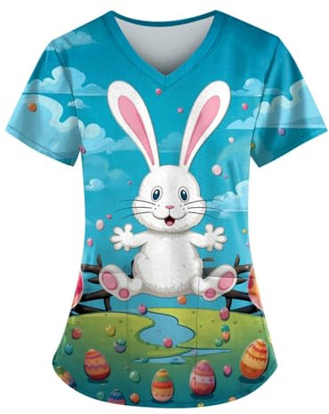Nurse Kasack Damen Karikatur Motiv Bluse Kurzärm Berufsbekleidung Pflege Damen Kasacks Damen Pflege Mit Reißverschluss Osterhase Druck Schlupfkasack Damen Langärmelige Kasack Arzt（2-Sky Blue，4XL）