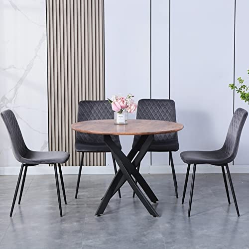 GOLDFAN Rund Esstisch mit 4 Stühlen Esstisch Holz Retro Küchentisch Schwarz Tischbeine Esszimmerstuhl aus Samt, 80cm, Grau