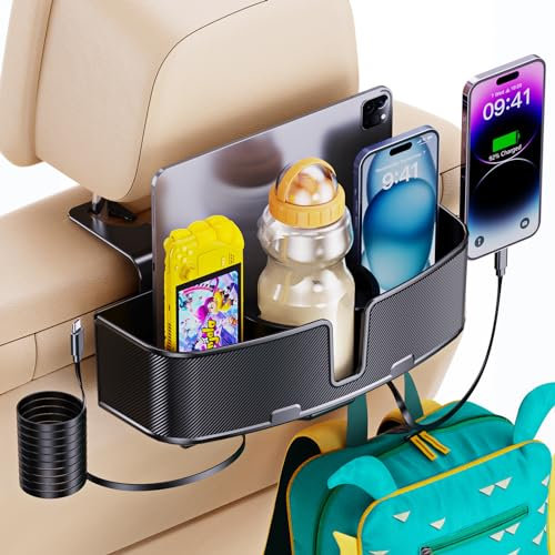 MAGJIEYX Car Headrest Cup Holder for Back Seat Organizer for Type-C Retractable Charging Cables Multi- Hanging Snack Storage Box with Strong Hooks for Kids and Fast Charging for Travel Accessories
