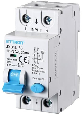 Interruttore Magnetotermico Differenziale Tipo A, 1P+N 6KA 30mA 220V, Occupa 2 Moduli DIN, RCBO Tipo A C20 20A
