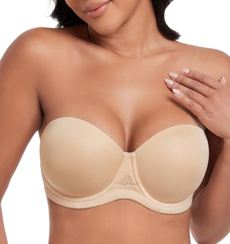 DotVol Women's Strapless Plus Size Underwired Contour Bra | Full Figure, for Large Breasts, Seamless Smooth Cup, Lightly Padded, Minimize Bulge, Anti-slip Side, Convertible Strap