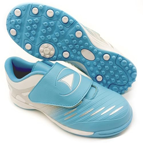 Scarpe da Calcio per Bambino/a Senza Lacci per Erba Sintetica (Blu Argento Bianco, 32)