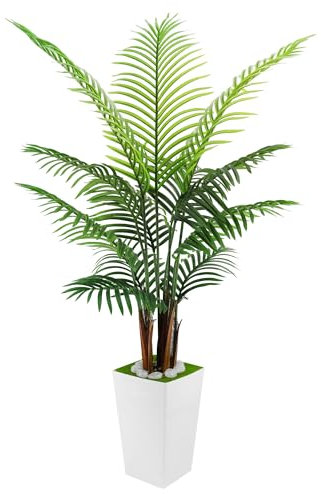 Künstliche Palme, künstlicher Baum mit weißem hohem Pflanzgefäß, tropische Areca-Bodenpflanze im Topf, künstliche Seidenpflanze für Zuhause, Büro, Wohnzimmer, Dekoration, Innenbereich, Weiß