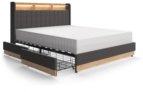VitaliSpa Polsterbett Nura, Anthrazit, 160x200 cm | mit 4 Schubladen, mit USB-Ladeanschluss, LED-Beleuchtung und Fernbedienung