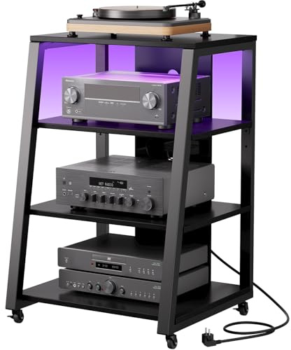 Lifewit 4-stegs audiomediastativ med grenuttag och LED-lampor, trä och stål skivspelare bord för skivspelare och stereosystem och kompaktsystem, svart