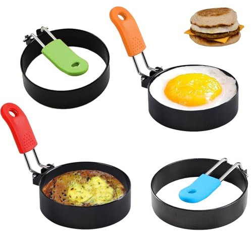 4 Pcs Egg Rings for Frying Stainless Steel Egg Rings with Anti-Scald Folding Handle Non Stick Coating Fried Egg Rings for Kitchen Egg Frying,Shaping,Pancakes,Mini Burger