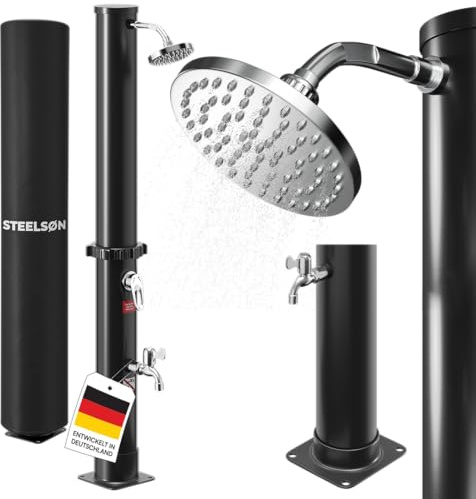 STEELSØN Velion Solardusche Garten 20 L – Solar Gartendusche Winterfest – Außendusche 60° schwarz – Pooldusche mit Fußdusche & Regenduschkopf – Campingdusche inkl. Gartenschlauch-Anschluss & Cover