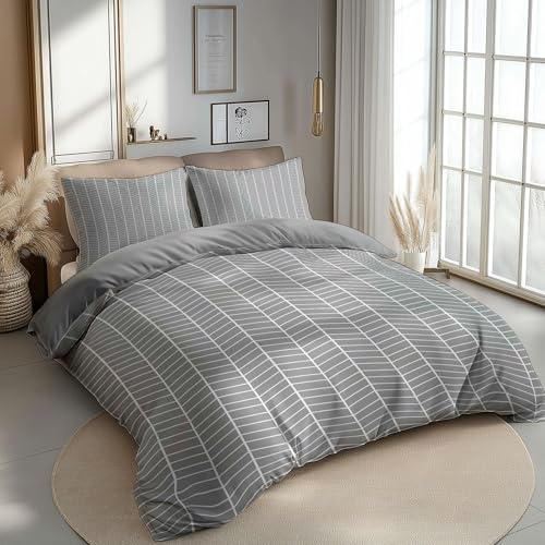 CozyRest Bettwäsche 180 x 200 cm Bettbezug Set 3 Teilig mit 2 Kissenbezügen, Muster Graue Linien Wende Bettwäsche für Teenager Kinder, aus Weiche Mikrofaser mit Reißverschluss