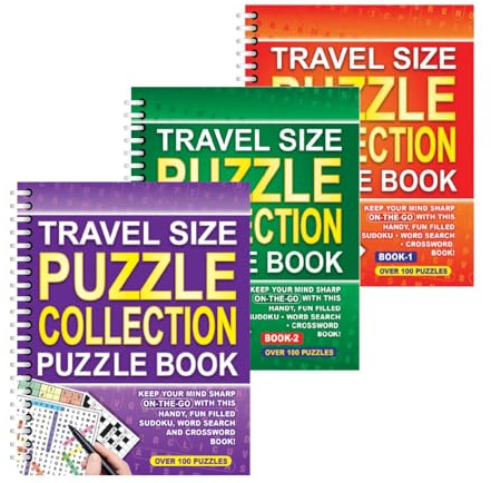 Sixstore Livre de collection de mots croisés 3 en 1 à spirales, format A5, Sudoku, recherche de mots, 3 livres