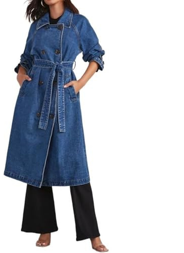 Sawmew Jeansjackor damjacka kappa lång jeansjacka övergångsjacka ytterkläder trenchcoat vår höst kvinna jackor oversize boyfriend jacka jeans jeansjacka(Blue,L)
