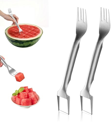 2-in-1 stainless steel fruit slicer,2025 new upgraded portable watermelon fork, fruit fork slicer suitable for home, party, camping and kitchen small tools(2pcs)