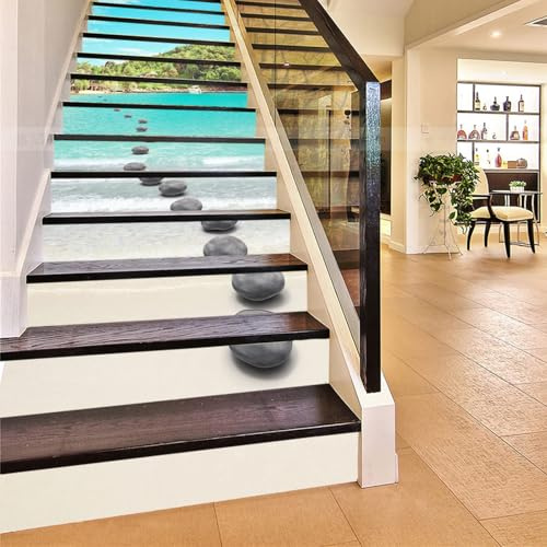FLFK 3D ciottolo Sentiero alla spiaggia Autoadesiva Le scale alzata Murale Vinile decalcomania Adesivi per scale decorazione 39,3 pollici x7,08 pollici x 15 pezzi