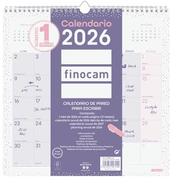 Finocam - Calendario de pared 2026 Mes Vista Enero - Diciembre (12 meses) | Calendario 2026 para anotar | Planificador mensual Chic - Morado - Español