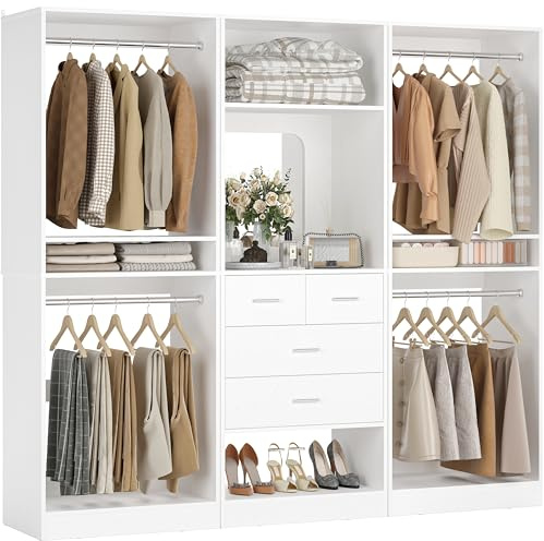 Unikito 75 Inch Closet System with 4 Drawers, 6.3FT Walk in Closet Organizer with Hanging Rods and Mirror Design, Reversible Large Closet Wardrobe with Shelves, Adjustable Closet Tower, White