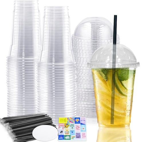 Haayymo Lot de 50 gobelets solides en plastique réutilisables avec couvercles en dôme, pour thé glacé, café, boissons froides (transparent) 400 ml
