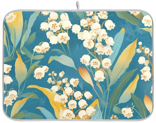 Lily of the Valley - Tappetino assorbente per la cucina, con fondo turchese, tappetino opaco per asciugare i piatti della cucina, grande, 45,7 x 61,7 cm