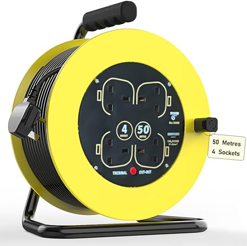 50 Metres Extension Lead Outdoor, 4 Socket Garden Extension Cable Heavy Duty Cable Reels with Winding Handle, Thermal Cut Out, 13A Electrical Extension Reel for Garden Lawn Mower Office
