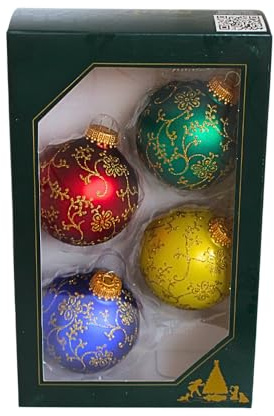 Dekohelden24 Lauschaer Christbaumschmuck - 4er Set Kugeln, Christbaumkugeln Lauscha, Glaskugeln, Edle Weihnachtsbaumkugeln mit Glitterdekor in 4 Farben, aus Lauscha 7 cm, mit goldenem Krönchen.