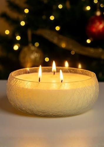 Marco Paul 3 Wick Crackle Glass Candle Large 15cm – Decorative Glass Bowl Table Centrepiece with Ambient Crackling Flame for Living Room, Dining Table & Home Décor