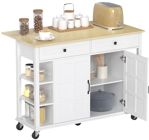 HOMCOM Isla de Cocina con Ruedas, Encimera Plegable, 2 Cajones, Blanco | Carro de Cocina, 2 Puertas con Cierre Suave, 6 Estantes Abiertos