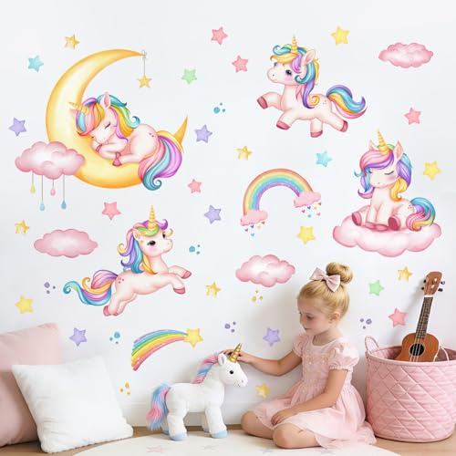 Supzone Wandtattoo Regenbogen Einhorn Groß Rosa Mädchen Wandaufkleber | Einhorn Sterne Wolken Rosa Wandsticker Kinderzimmer Mädchen Schlafzimmer Babyzimmer Wohnzimmer