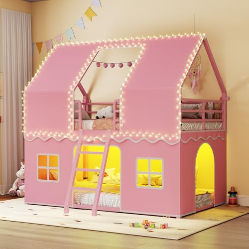 BTHFST Bunk Bed Twin Over Twin with Play Curtain, House Bunk Bed with LED Lights, Metal Kids Bunk Bed with Inclined Ladder and Guardrail, Space Saving, No Box Spring Needed, Pink