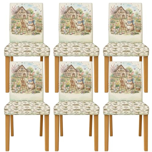 Stuhlhussen mit Hasenmotiv für Esszimmerstühle, ausgefallene Ostereier, Blumen, Ostern, Pastell-Spandex, waschbar, abnehmbar, Stuhlhusse, Dekoration für Küche, Wohnzimmer, Party, 6 Stück