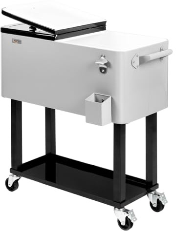 Bonnlo 76L Servierwagen mit Rollen, Getränkekühler aus Metall mit Ablauf – Mobiler Kühlwagen mit Ablagefach & Feststellrädern, für Outdoor-Partys, Garten, Camping & Strand, 77,5 x 38,5 x 84 cm, Silber