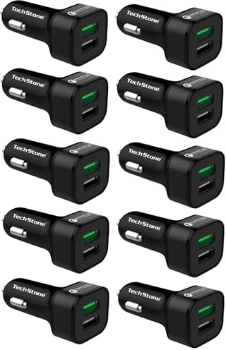 TechStone Car Charger Dual USB Quick Charge 3.0 Fast Charging Adapter Mini Phone Cigarette Lighter 12v Socket for iPhone XS/XR/Max/7/8/Plus, iPad Air 2/Pro/Mini, Galaxy, LG, HTC (Pack of 10)