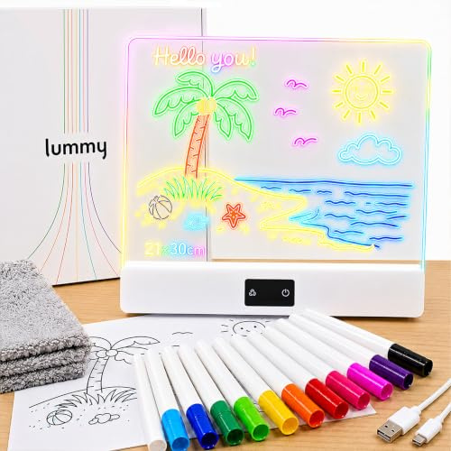 Lummy – Tablette lumineuse LED rechargeable, Tableau magique à dessins néon | Format A4 21x30cm, 12 Crayons feutres, 21 Modèles inclus. Idée cadeau original créatif, ToDo List, Support éducatif sans fil