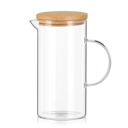 Jarra de Cristal con Tapa de Bambú 1,5L Vidrio de Borosilicato para Agua Té Zumo y Bebidas Frías o Calientes