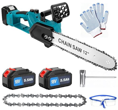 Motosierra inalámbrica de 30,5 cm con 2 baterías de 5500 mAh, compatible con baterías Makita, motosierra eléctrica inalámbrica de 650 W, motosierra eléctrica portátil para cortar madera y