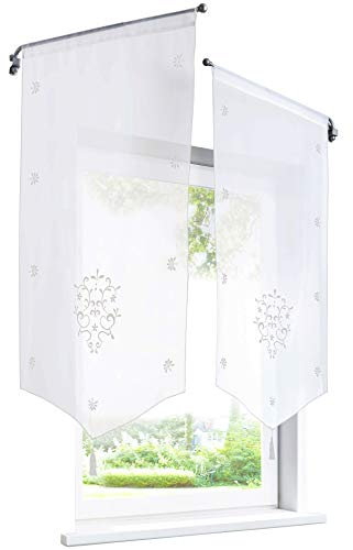 BAILEY JO 1er-Pack Bildergardine mit Stickerei Raffrollo Voile Transparent Vorhang (BxH 60x120cm, Weiß)