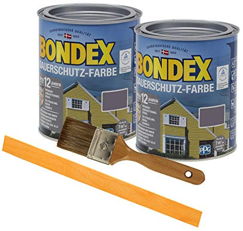 Bondex Dauerschutzfarbe deckend 2 x 0,75l Wetterschutzfarbe Holzschutzfarbe wetterbeständig Zink inkl. Pinsel und Rührstab (taupe (montana))