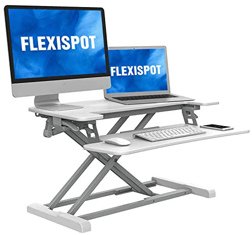 FLEXISPOT Höhenverstellbar Schreibtischaufsatz Büro Sitz Steh Computertisch 88 * 42 cm Stehpult mit Tastaturablage, Geeignet für Zwei Monitore, Weiß