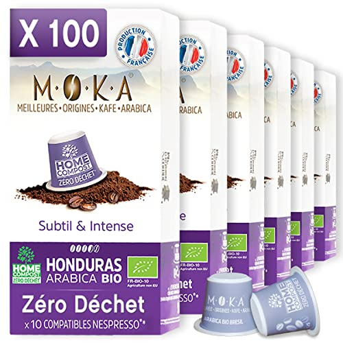 MOKA 100 Capsule 100% Pura Arabica Honduras Biologica - Compatibile con le macchine a capsule Nespresso - Intensità 7 - Biodegradabile e compostabile in casa - Expresso e Lungo - Tostata in Francia