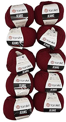 10 x 50g Strickwolle YarnArt Jeans einfarbig mit 55% Baumwolle, 500 Gramm Wolle uni (bordeaux 66)