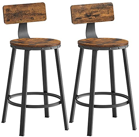 VASAGLE Barhocker, 2er Set, mit Rückenlehne, Sitzhöhe 63 cm | Küchenstuhl, einfache Montage, Modernes Basic-Design, Rustikales Braun und Mattschwarz, BARNET Kollektion LBC076B01