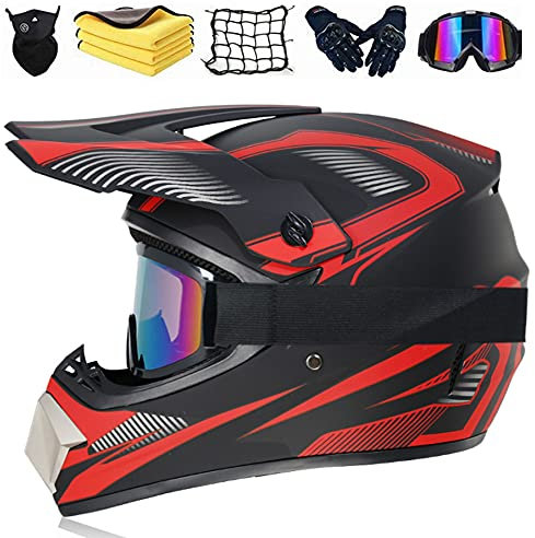 JYYT Crosshelm Fullface Set Downhill-Helm Für Erwachsene Und Kinder Mit Visier Brille Handschuhe Maske Motorrad Netz,Handtuch,für BMX, MTB, Quad, Enduro, ATV, Roller, Unisex (D,S(55-56cm?)
