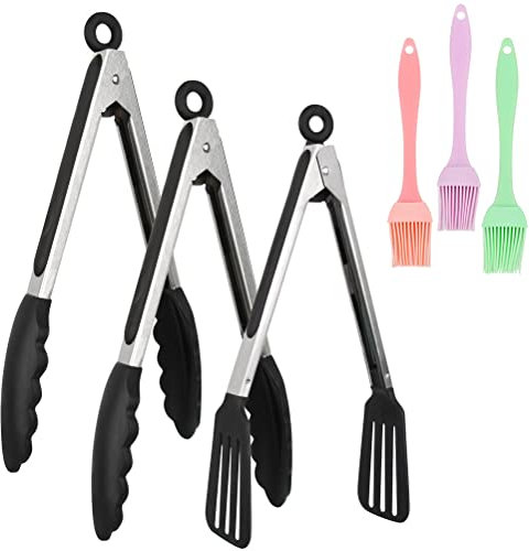 6 PCS 9 Inch Stainless Steel Food Tongs, Black,Kitchen Tongs,Food Tongs with Silicone Head and Non-Slip Heat Resistant Handle,Silicone Tongs for Grilling,Serving,Salads,Sliding Grillware