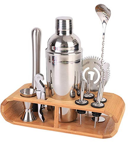 JIXIN Bartender Kit, 12 Piece Cocktail Shaker Set with Stable Bamboo Stand