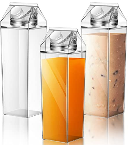 Remerry 3 Pcs 34oz Milk Carton Water Bottle Square Plastic Coffee Portable Reusable Milk Carton Cup Leakproof Juice Bottle(Clear)