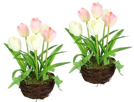 Gesteck Tulpe 2er Set 20cm Kunstblume Deko Blumen Frühjahrsdeko Mittelstück Künstliche Pflanze Frühjahr Ostern Osterdeko Floristik Arrangement Blüten Hochzeit Seidenblume Tischdeko Zimmerpflanze