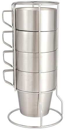 EdirFtra Set de 4 Tasses à café en Acier Inoxydable, Tasse à café avec Support, Tasse en métal à Double paroi 10oz, Tasse à café empilable