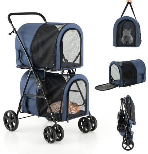 GYMAX 2 Etagen Hundebuggy, Katzenwagen für 2 Katzen/Hunde, Hundewagen mit 2 abnehmbaren Hundebox, Netzgewebe & 360° Drehrädern, faltbar Haustierwagen bis 16kg (Blau)