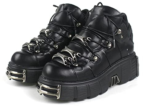 DONLIS Damen High Heel Stiefel,Heavy Metal Rock Style Lederschuhe,Gothic Plateaustiefel,Punk Chunky Heel Schnürstiefeletten,Schwarz,39