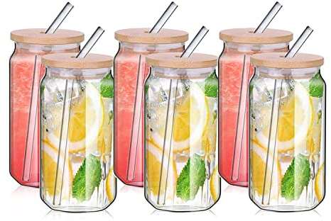 Hniuyun 480ml Can Shaped Glass Cups Set, Drinking Glasses with Bamboo Lids and Glass Straws, Tumblers for Beer, Iced Coffee, Cocktails and Soda (6pcs)
